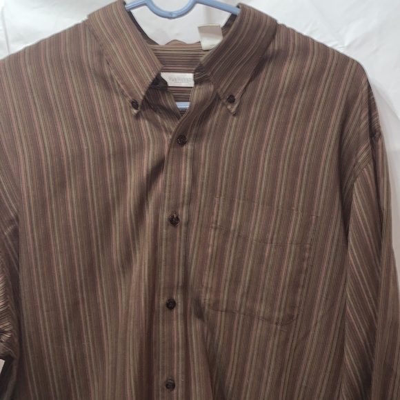 VAN Heusen Brown & Copper Striped Button Up Long Sleeve Shirt w/ pocket Size L - Picture 2 of 4